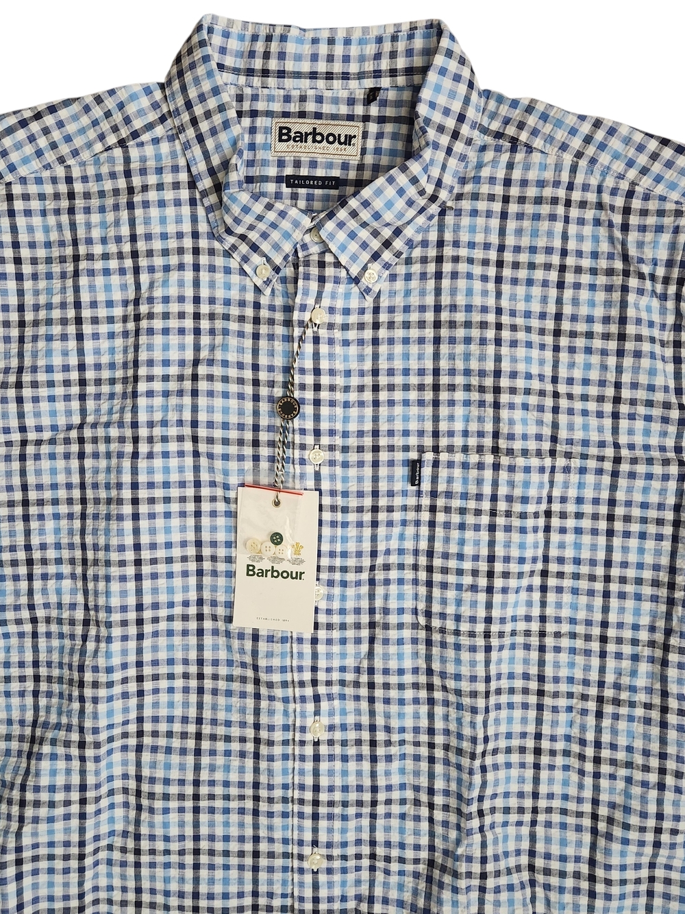 Barbour Seersucker 2 Tailored Button Down Shirt Men's XL Blue Plaid Short Sleeve